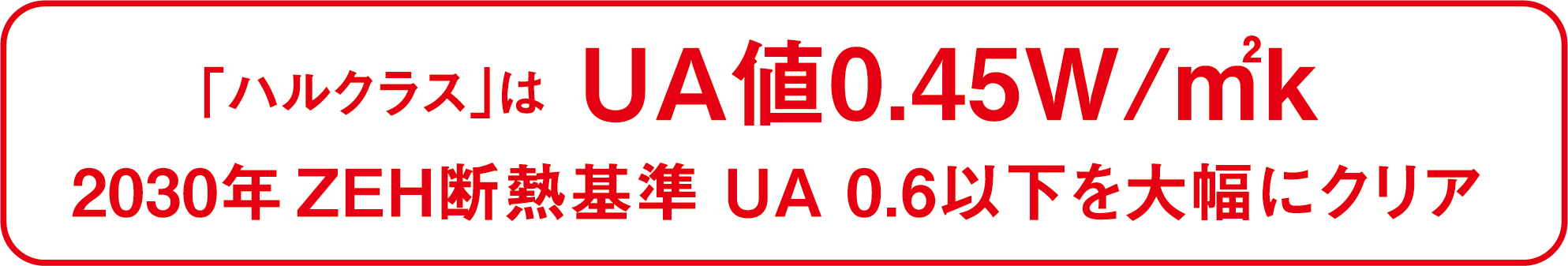 ｢ハルクラス｣は UA値0.45W/㎡k 2030年ZEH断熱基準 UA 0.6以下を大幅にクリア