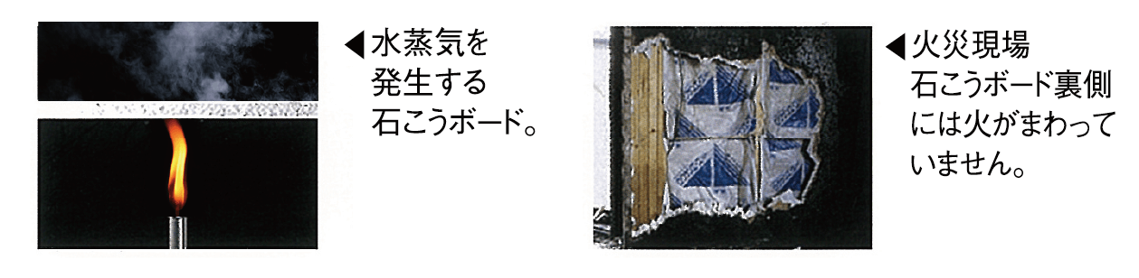 ▲水蒸気を　発生する　石こうボード。▲火災現場　石こうボード裏側　には火がまわって　いません。