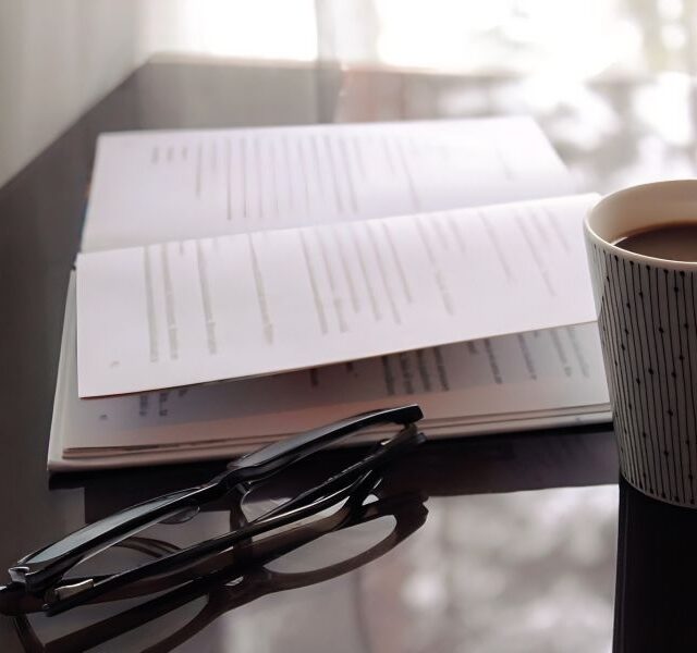 机の上に開いた本とコーヒー、眼鏡